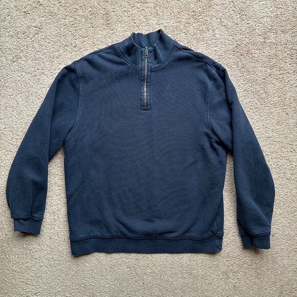 LL Bean Sweater Mens Large Tall 1/4 Zip Mock Neck Flannel Lined Thick Navy Blue - Picture 1 of 10